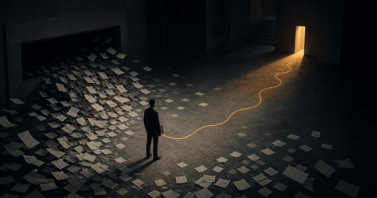 A job seeker surrounded by unanswered applications follows one warm path toward an open doorway