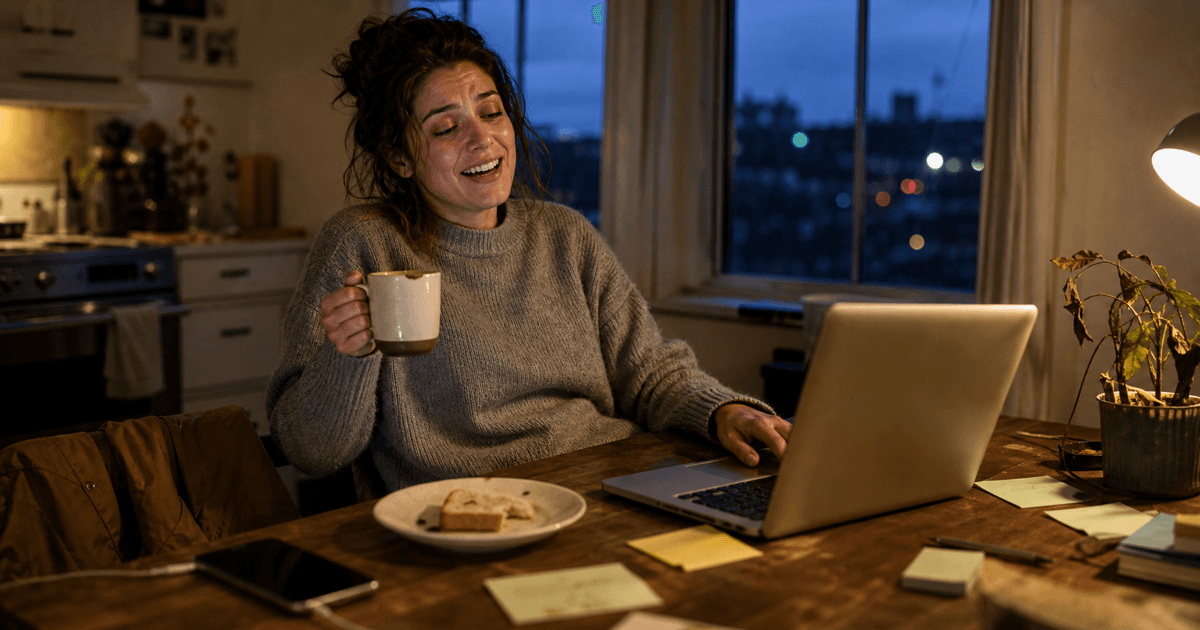 A tired job seeker reacts to her laptop during a late-night search at a lived-in kitchen table
