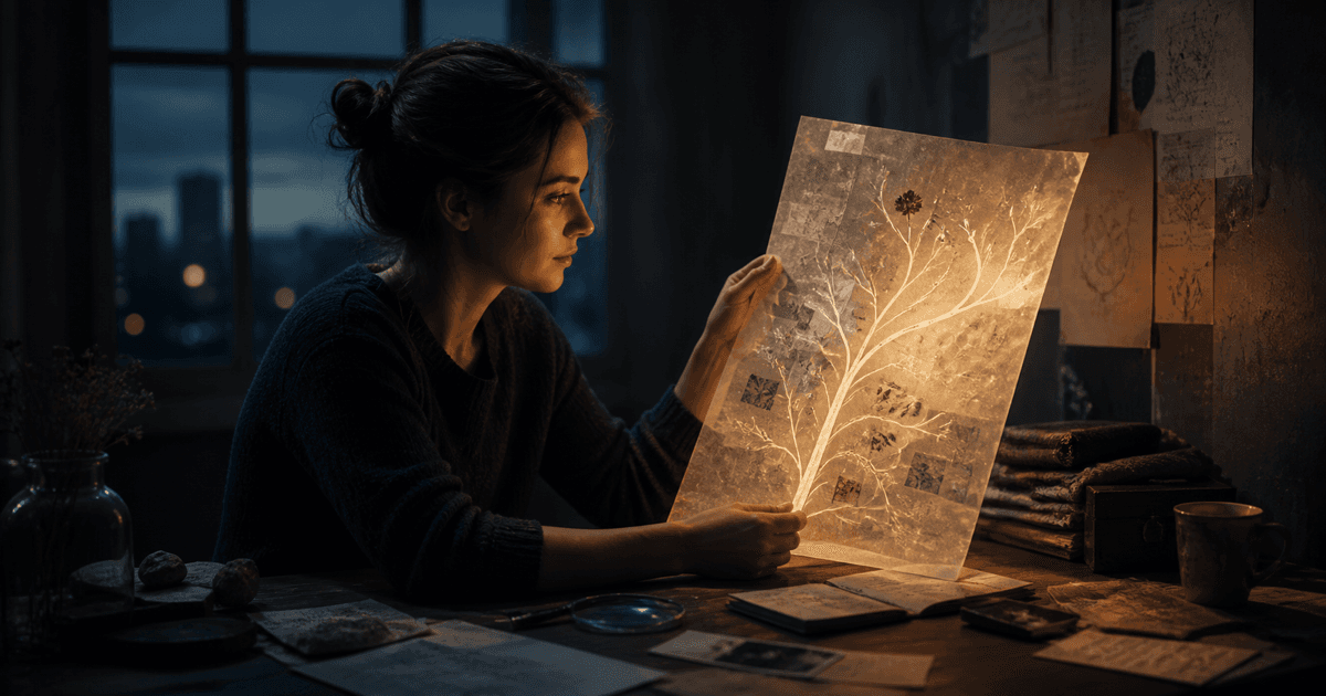A professional studies a luminous translucent map that turns fragments of past work into branching career paths