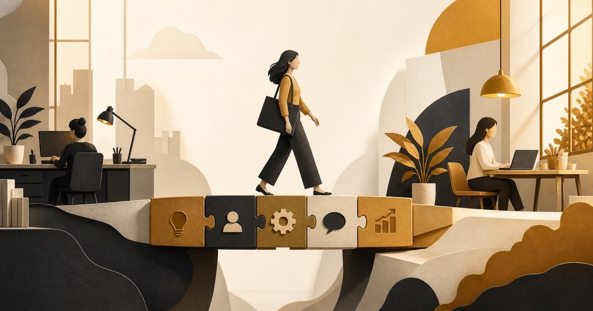 A professional crosses a bridge made of transferable-skill tiles between two work environments