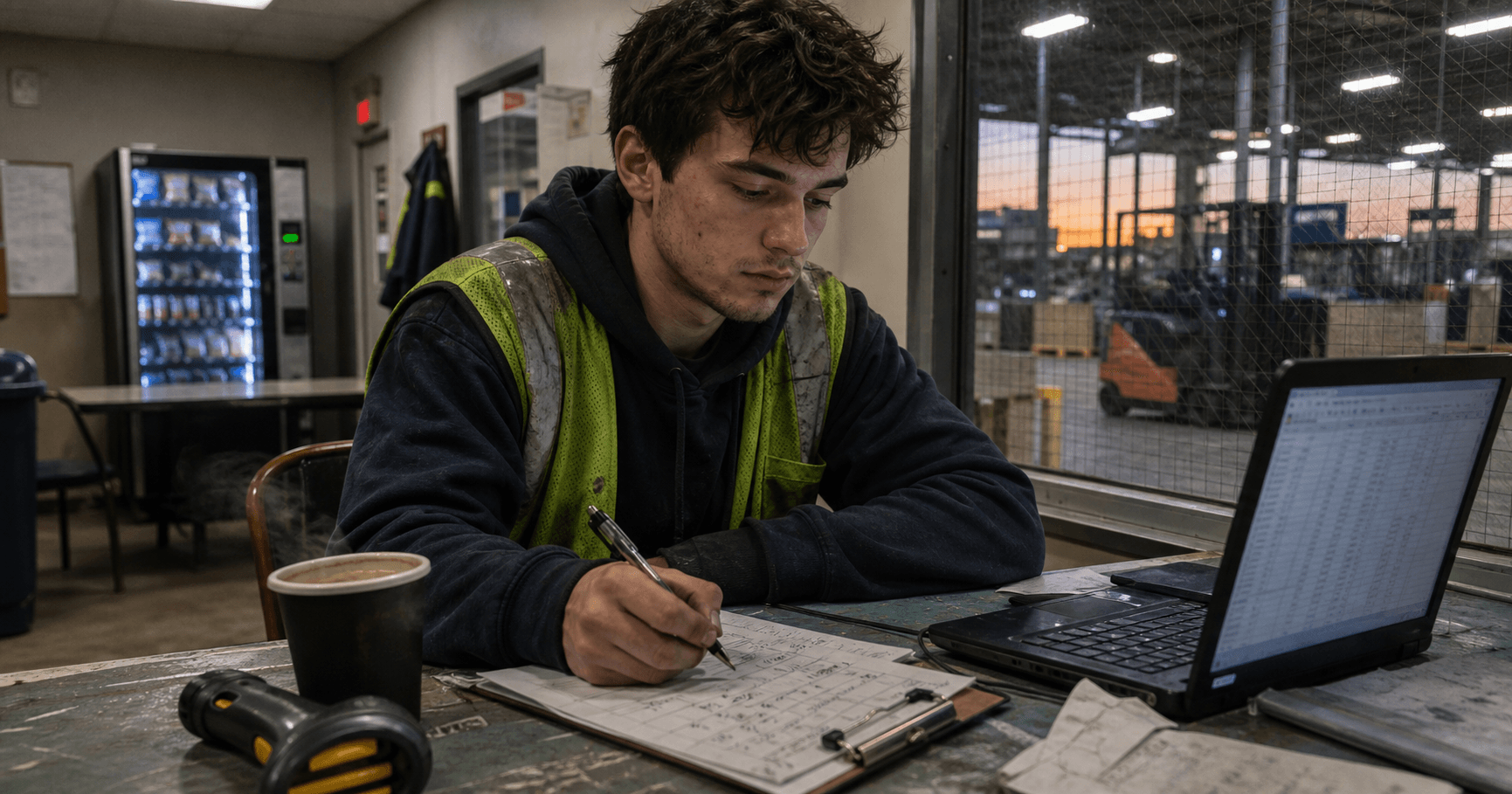 A tired warehouse worker studies inventory notes and a spreadsheet in a break room at dawn