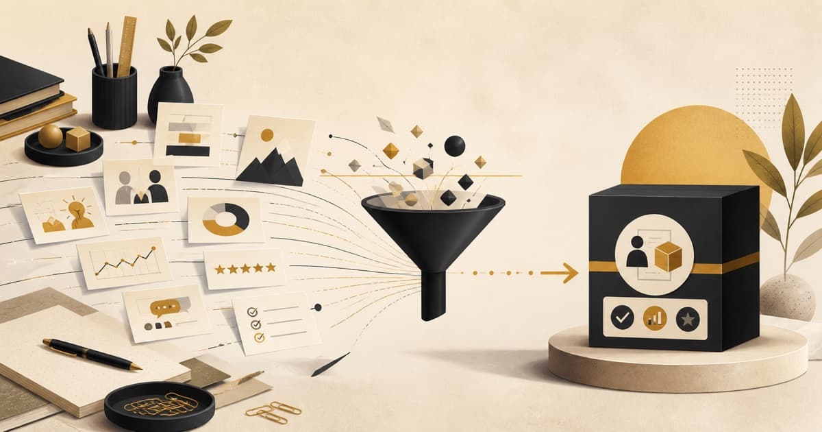 Work evidence and outcome cards pass through a funnel into one clearly packaged freelance service